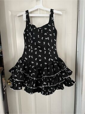 Black Ruffled Mini Dress with White Bow Print